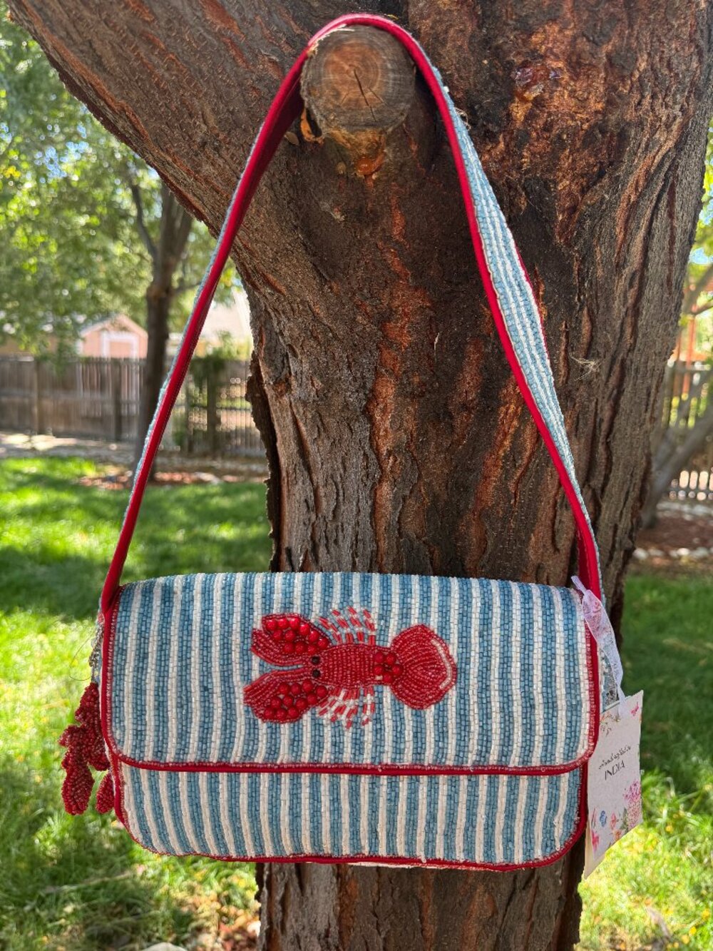 NWT Viral TJ Maxx Beaded Lobster Purse Blue Stripe Coastal Shoulder Bag